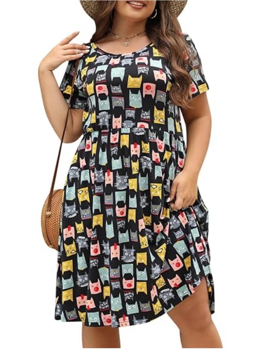 Plus Size Short Sleeve Mini Dress with Colorful Cat Print - Black